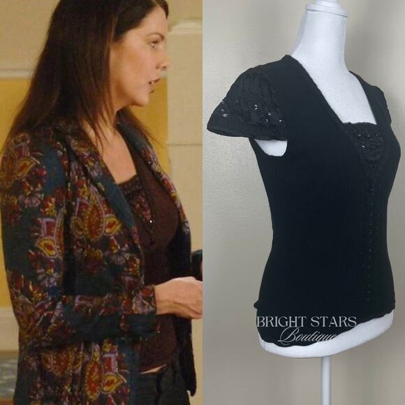 Extremely Rare Vintage Black Beaded Wool Silk Top ALT ASO Lorelai Gilmore Girls - Picture 2 of 10